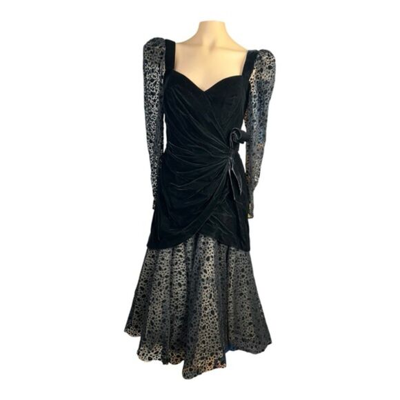 Vintage 1980s Black Velvet & Sheer Animal Print Long Sleeve Cocktail Dress